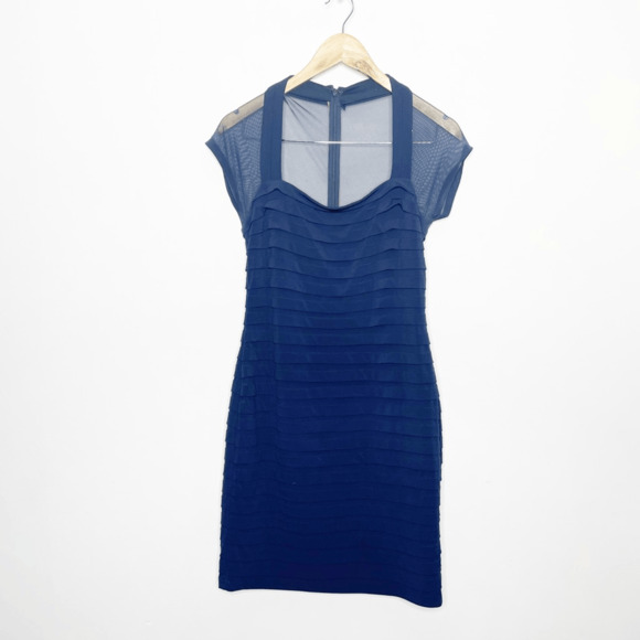 TADASHI SHOJI PETITE COLLECTION Mesh cap sleeve layered mini dress navy SMALL - Picture 2 of 5